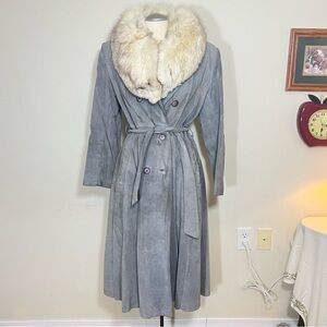 Vintage Elegant Gray Real Fur-Collar Genuine Leather Women's Coat